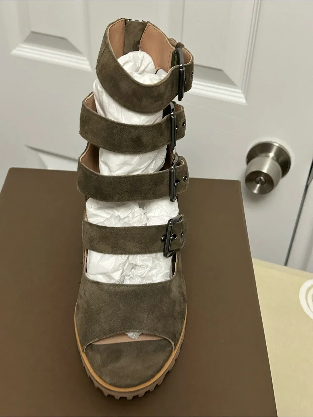 Paolo Olive Suede Wedge Bootie with Four Buckle Straps